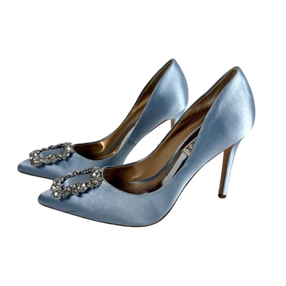 Badgley Mischka Pumps Size 9 Blue Satin Cher Crystal Buckle Pointed Toe Heels - Picture 1 of 10